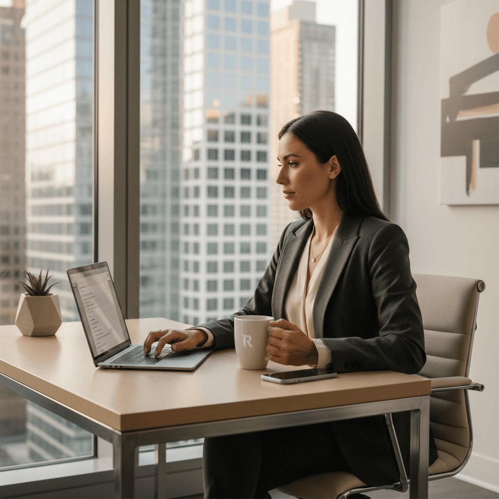 Professional woman checking email at desk in a modern real estate office.