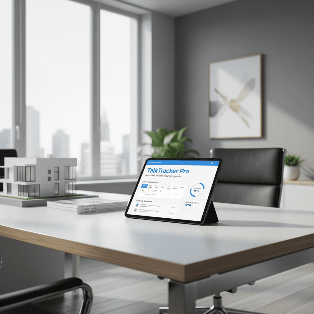 Tablet on desk in modern real estate office showing follow-up reminders interface