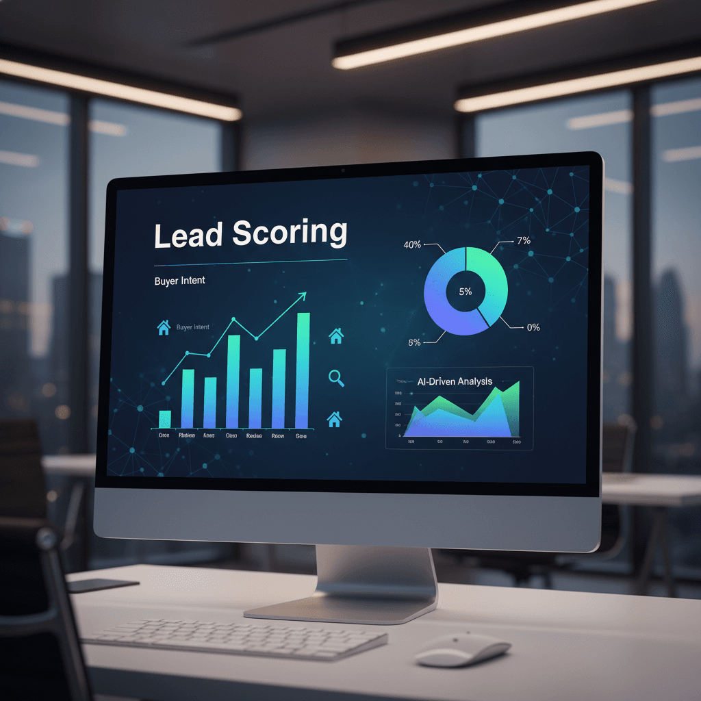 Computer screen displaying 'Lead Scoring' in a modern real estate office setting
