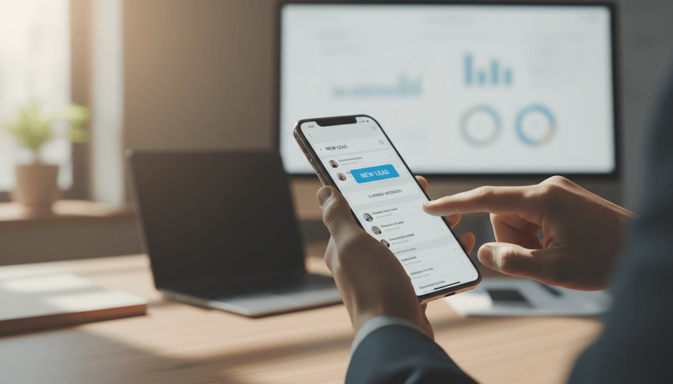 Real estate agent actively managing leads and messages on their smartphone in a modern office setting
