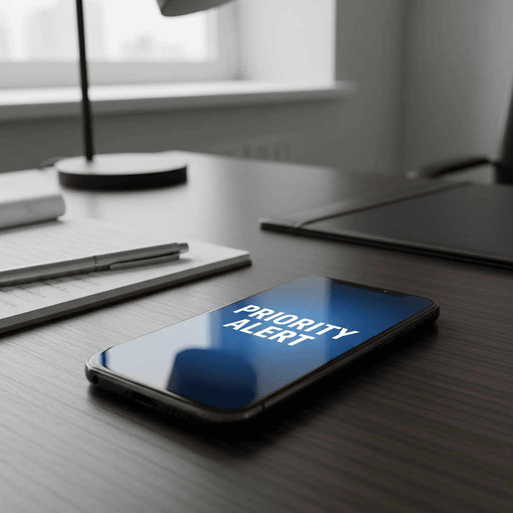 Smartphone displaying 'Priority Alert' on an office desk in a real estate setting